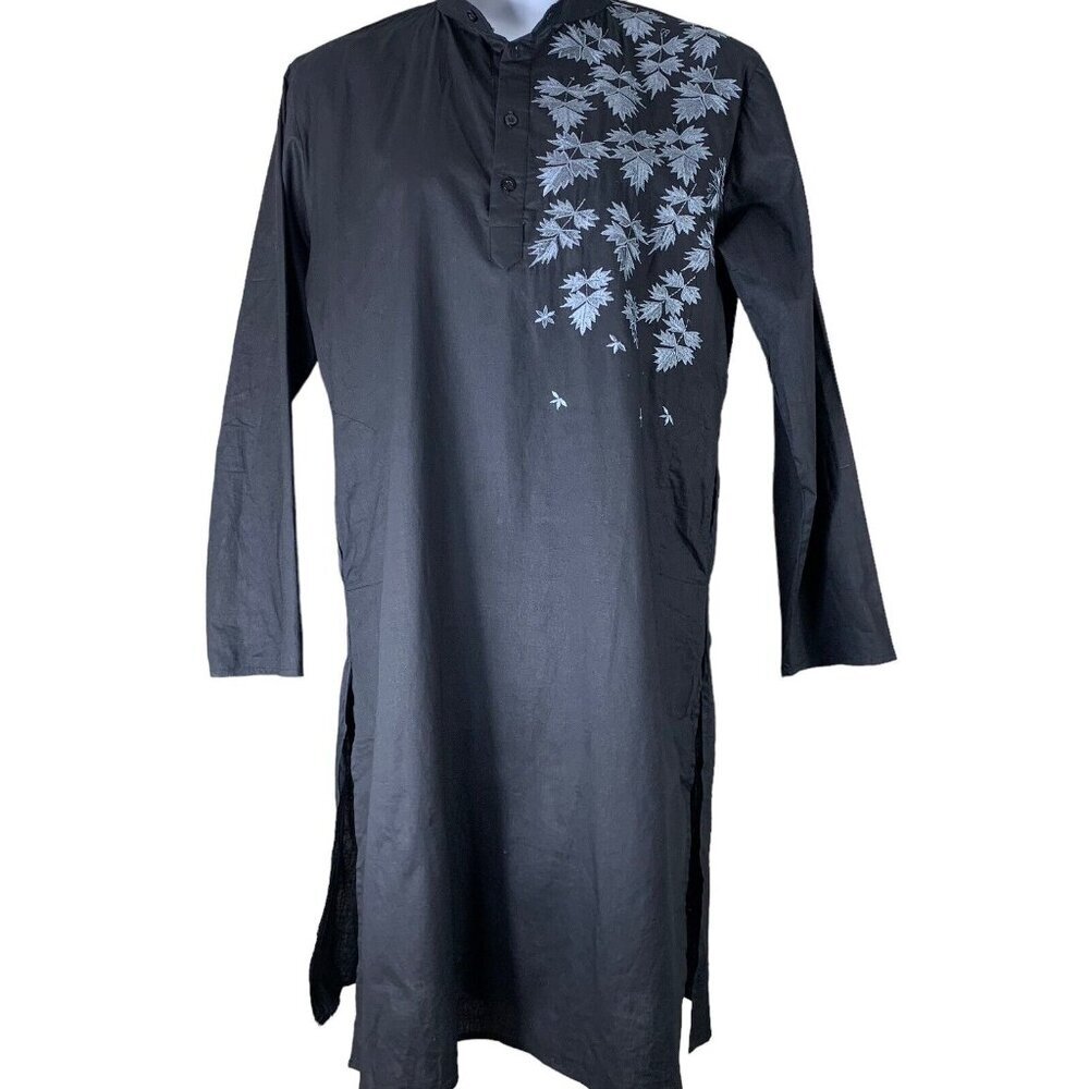 Skavij Tunic Dress Size Large Black Embroidered Long Sleeved Pockets Side Slits